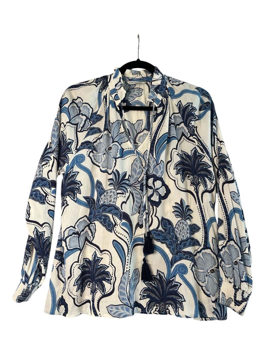 Tori Richard Blue and White Floral Print Long Sleeve Blouse with Tassel (FB1)